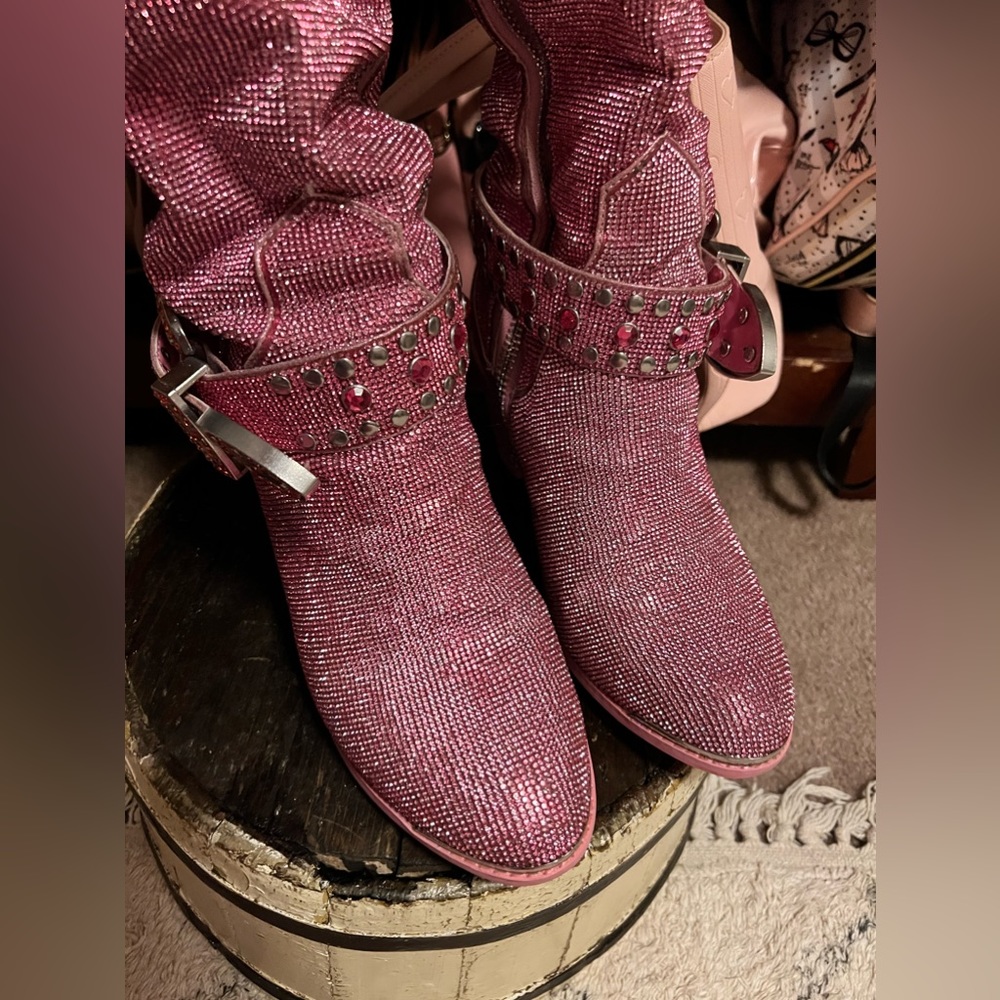 Dolls Kill Sugar Thrillz Sheriff Shine Knee High Cowboy Boots Pink - Picture 2 of 8